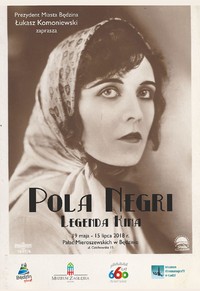 plakat dotyczący wystawy na którym umieszczony został czas jej trwania oraz wizerunek poli negri